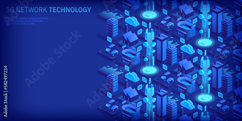 5g network technology concept. Wireless mobile telecommunication service. City buildings with telecommunication towers. Marketing website landing template. Isometric vector illustration.