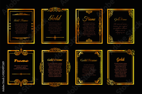 Antique golden vertical rectangle frame flourish luxury ornament with place for text set vector flat
