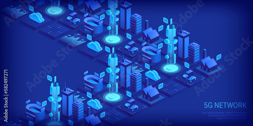 5g network technology concept. Wireless mobile telecommunication service. City buildings with telecommunication towers. Marketing website landing template. Isometric vector illustration.