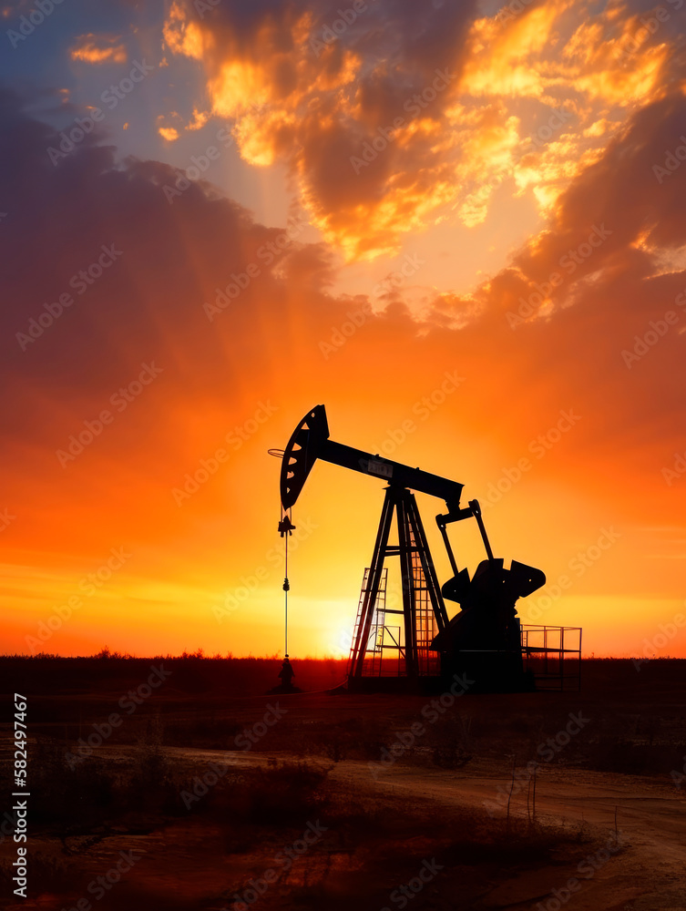 Oil pumping industry. Silhouette of a rig at the backdrop of stunning orange sundown. Generative AI.