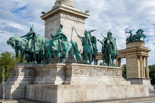 Millennium Monument in Heroes' Square in Budapest with a cloudy sky in the background, Hungary