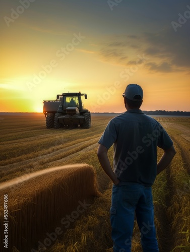 Male farmer standing his back to camera in the agricultural field. Man watching the harvester picking crops of wheat. Sunset backdrop. Generative AI. © Vadim