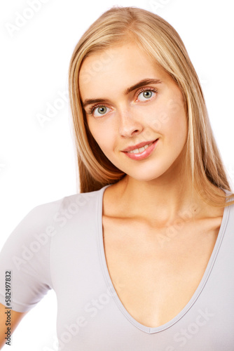 Portrait close up of young beautiful brunette woman