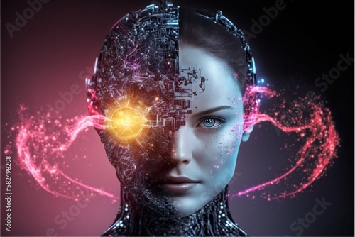 Future of technology and AI. Artificial intelligence. Half woman, half robot. Generative AI. 