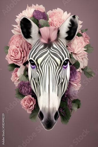 Front view closeup portrait of a lovely zebra with flowers on a plain background, illustration. Postcard. generative AI