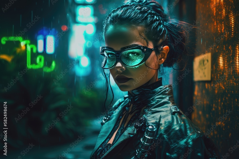 AI woman cyber stands with her smart glasses on night futuristic metropolis street. AI generated