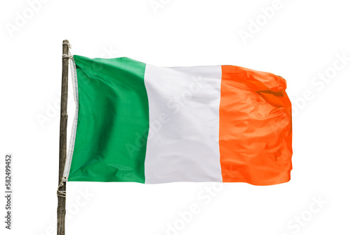 Photo of an irish flag on a wooden pole isolated on transparent background, Ireland symbol, png file photo