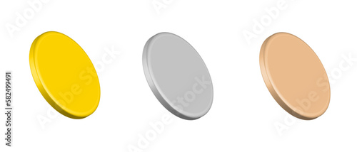 Gold Silver Bronze Medal Coin 3D Vector Illustration Side Perspective View