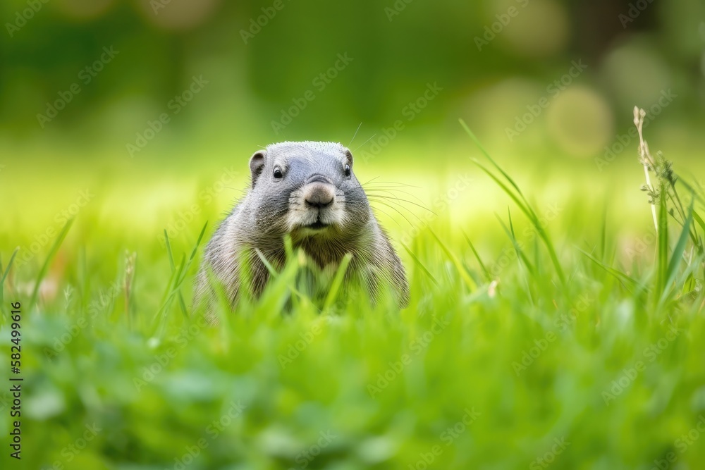Fototapeta premium the adorable gray gopher on the lush summer grass. Generative AI