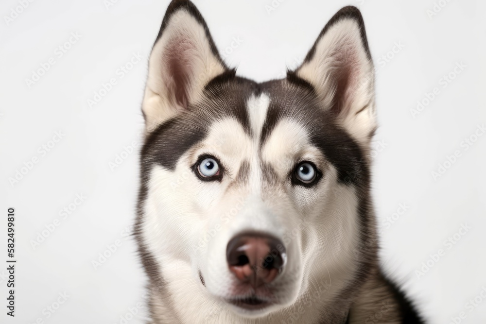 In front of a white background, a husky head with brown eyes is displayed. Generative AI