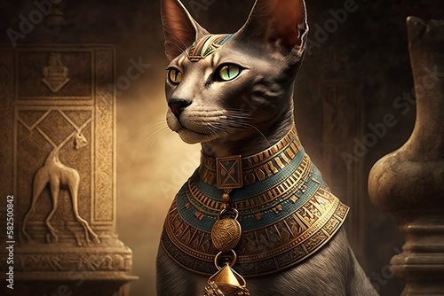 Egyptian cat with an ankh necklace, concept of Ancient Egypt and Symbolic Jewelry, created with Generative AI technology photo