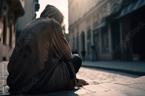 A poor and homeless beggar sits on the street. Generative AI