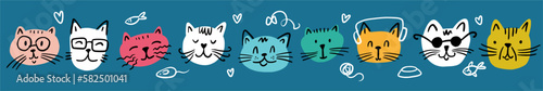 Vector horizontal pattern with the muzzles of different cats, hand-drawn in the style of a doodle