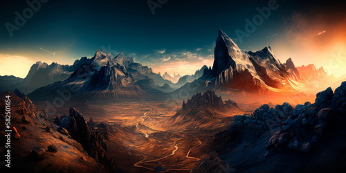 Expansive panorama of a mountain range at dawn Generative AI © Лилия Захарчук