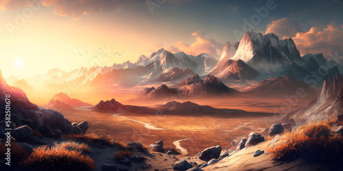 Expansive panorama of a mountain range at dawn Generative AI © Лилия Захарчук