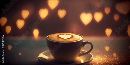 Cup of latte coffee with heart on blurred bokeh background Generative AI