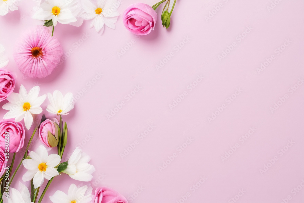 Plants and flowers on pink background. Generative AI. Plants and flowers on pink background. Generative AI.