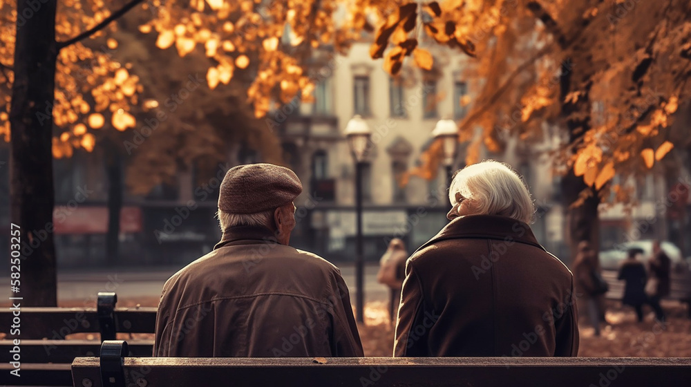 old couple walking in the park. Generative AI old couple walking in the park. Generative AI