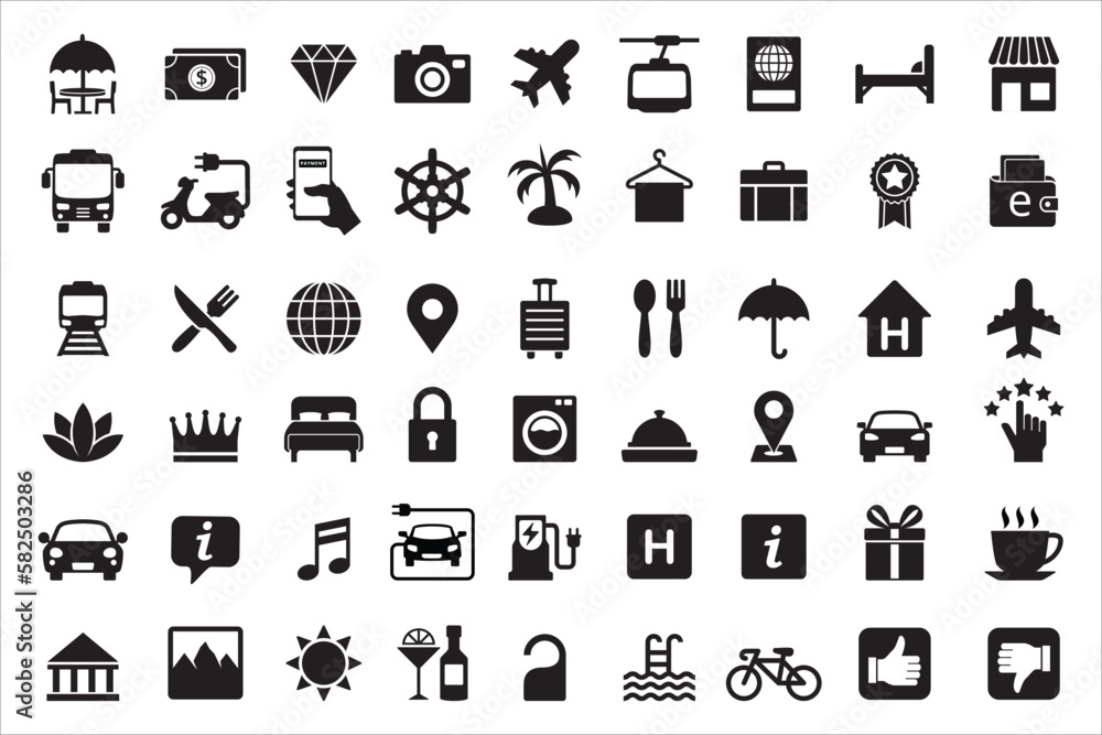Travel and tour icons set. Tourism vector icon collection. City hotel facility sign. Contains symbol of airport, airplane, mountains, bicycle, electric vehicle, crown, globe, passport, gondola lift. - obrazy, fototapety, plakaty 