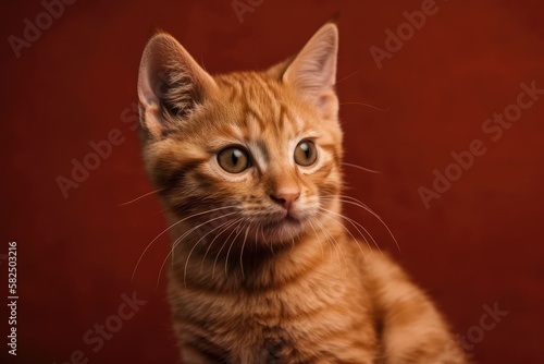 Scottish straight red tabby kitten in hilarious poses against a burgundy background. Generative AI