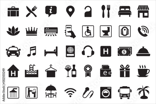 Travel and tour icons set. Tourism vector icon collection. City hotel facility sign. Contains symbol of air conditioner, shower, music entertainment, payment method and more.