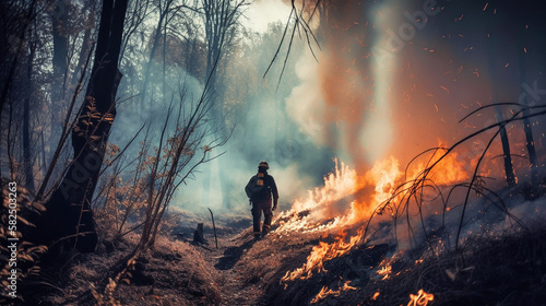 Firemans wearing firefighter turnouts and helmet. Dark background with smoke and blue light. Generative AI