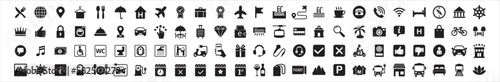 Travel and tour icons set. Tourism vector icon collection. City hotel facility sign. Contains symbol of airport, airplane, mountains, bicycle, electric vehicle, crown, globe, passport, gondola lift.