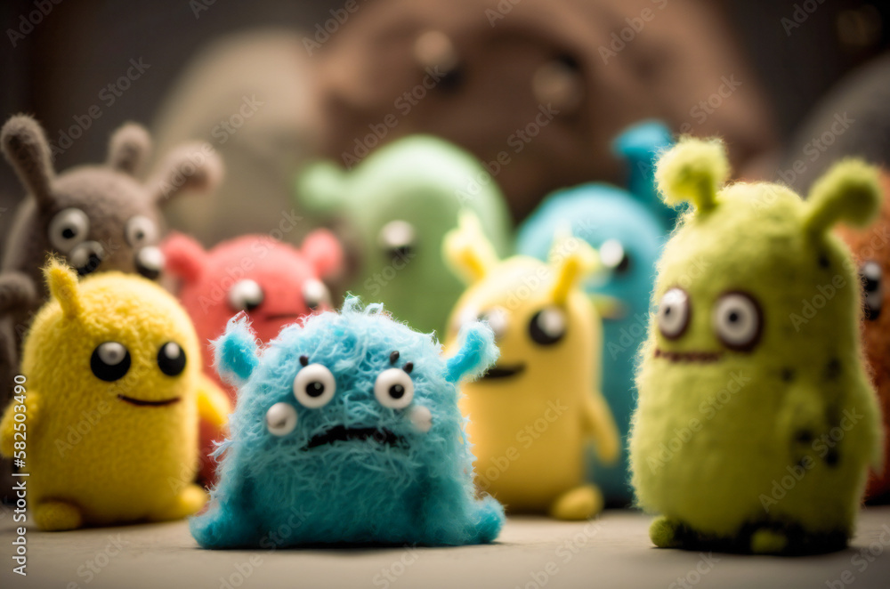Illustration of a group of cute little felt monsters. Created with Generative AI technology. Illustration of a group of cute little felt monsters. Created with Generative AI technology.