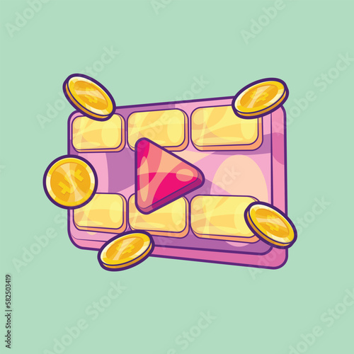Play Button with Film and Falling Coins Vector. Streaming Earning Illustration