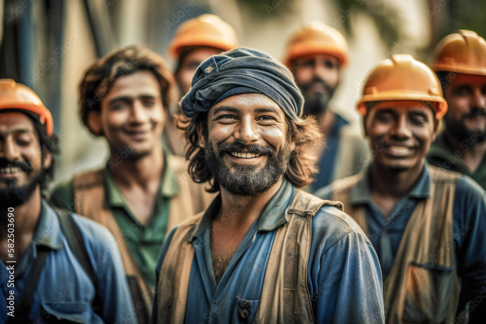 A group of happy ethnic workers laughing. Created with Generative AI technology.