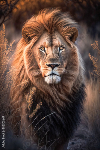 Magnificent lion in wilderness. Created with Generative AI technology.