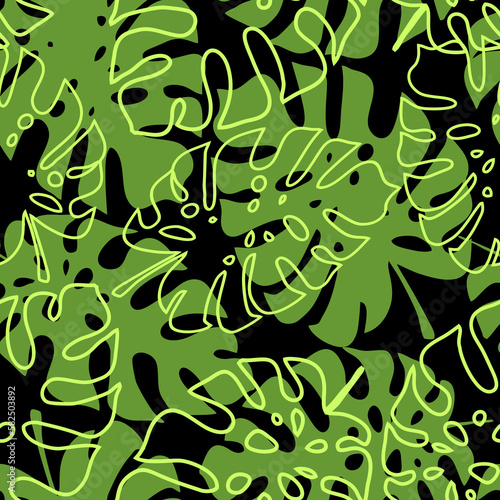 tropical leaves seamless black and green pattern, texture, background