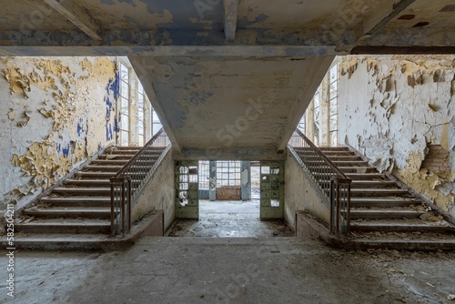 Interior of old abandoned school with symmetric stairways and weathered walls