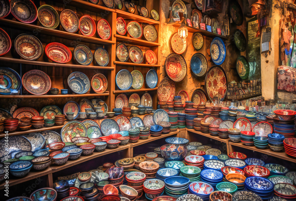 Richly ornate traditional plates in a middle east bazaar. Created with Generative AI technology.