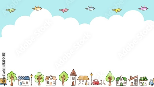 青空を飛ぶ鳥と街並みのイラストの背景（8秒ループ）