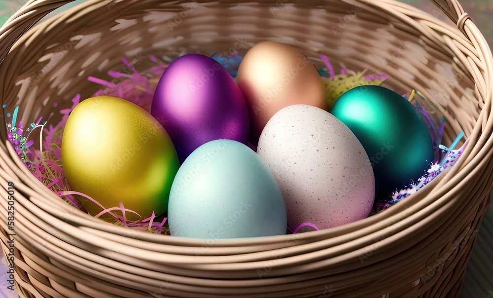 Naklejka premium Easter eggs in a basket - Generative ai