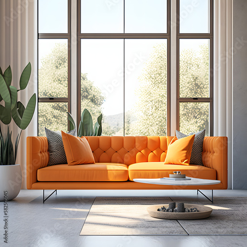 Orange couch in a cozy modern living room interior with big windows, Generative AI
 photo