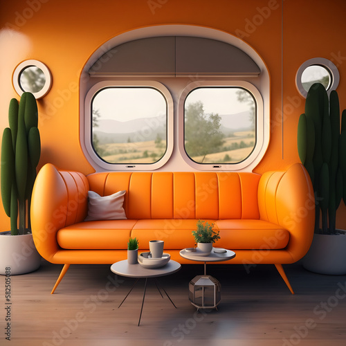 Orange couch in a cozy modern living room interior with big windows, Generative AI
