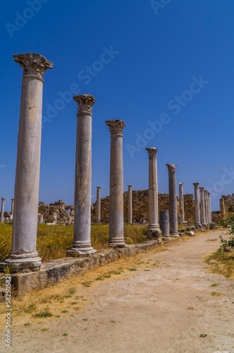 Vertical view of an alley with Greek ruins in Salamis Ancient City, Northern Cyprus