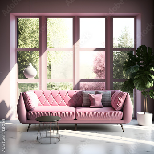 Pink couch in a cozy modern living room interior with big windows  Generative AI 
