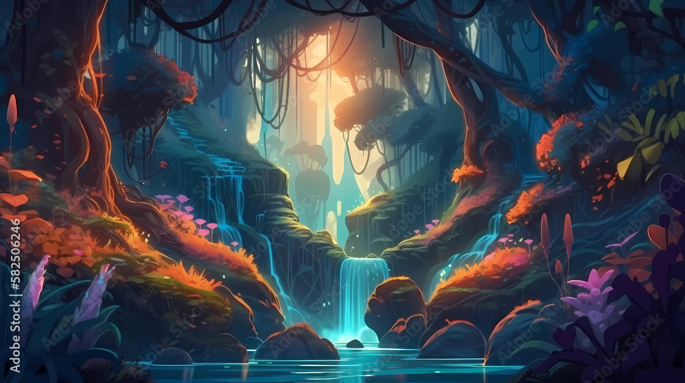 A magical forest with glowing plants and a sparkling waterfall. digital art illustration. generative AI. A magical forest with glowing plants and a sparkling waterfall. digital art illustration. generative AI.