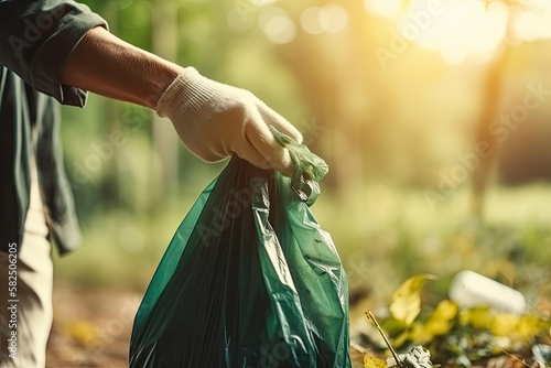 Hands of volunteer collects garbage on a muddy park. Close-up. The concept of Earth Day. Eco, environment protection. ecology concept. Generated Ai photo