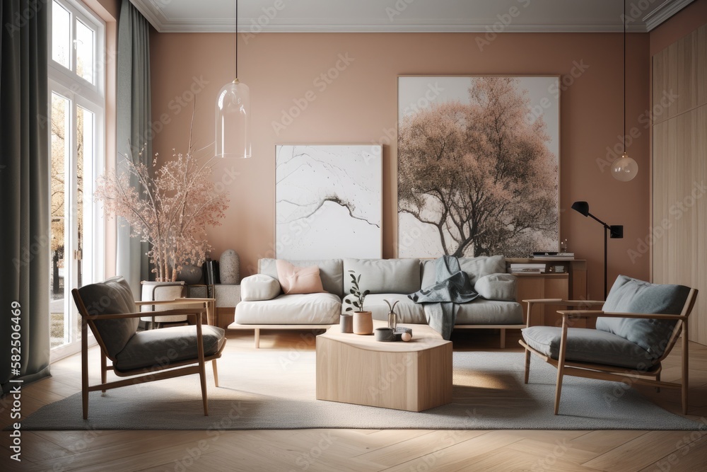 Fototapeta premium Living Room, Contemporary Japandi, Minimalist, Scandinavian Interior Design with Clean Lines, Natural Lighting, and Soft Neutral Colors. Hygge architecture. Generative AI