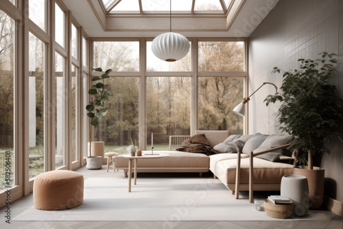 Sun Room, Contemporary Japandi, Minimalist, Scandinavian Interior Design with Clean Lines, Natural Lighting, and Soft Neutral Colors. Hygge architecture. Generative A