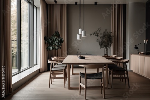 Dining Room, Contemporary Japandi, Minimalist, Scandinavian Interior Design with Clean Lines, Natural Lighting, and Soft Neutral Colors. Hygge architecture. Generative AI