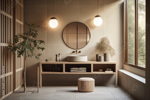 Restroom, Contemporary Japandi, Minimalist, Scandinavian Interior Design with Clean Lines, Natural Lighting, and Soft Neutral Colors. Hygge architecture. Generative AI