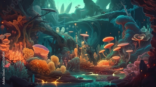 A surreal underwater world with exotic creatures. digital art illustration. generative AI.