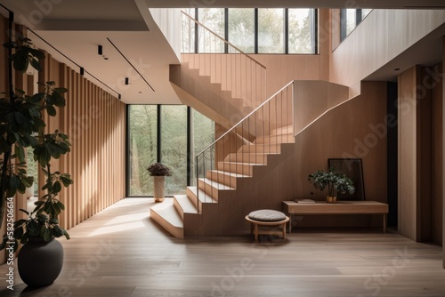 Hallway, Contemporary Japandi, Minimalist, Scandinavian Interior Design with Clean Lines, Natural Lighting, and Soft Neutral Colors. Hygge architecture. Generative AI