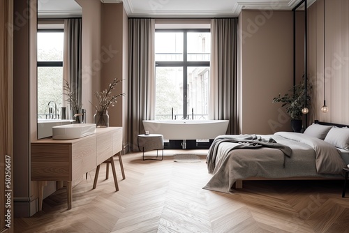 Bedroom, Contemporary Japandi, Minimalist, Scandinavian Interior Design with Clean Lines, Natural Lighting, and Soft Neutral Colors. Hygge architecture. Generative AI