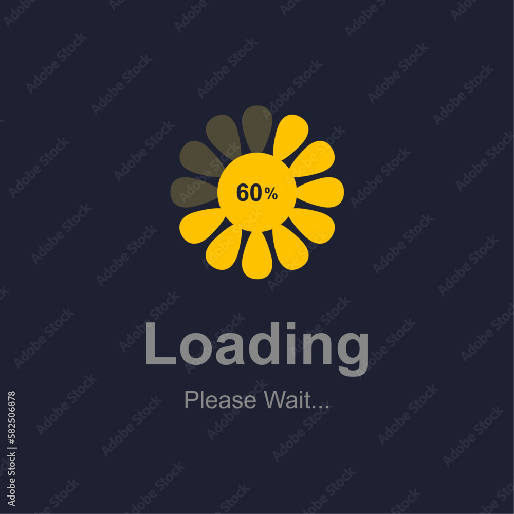 Fototapeta premium Loading icon yellow chamomile with loading leaflets and text on dark background